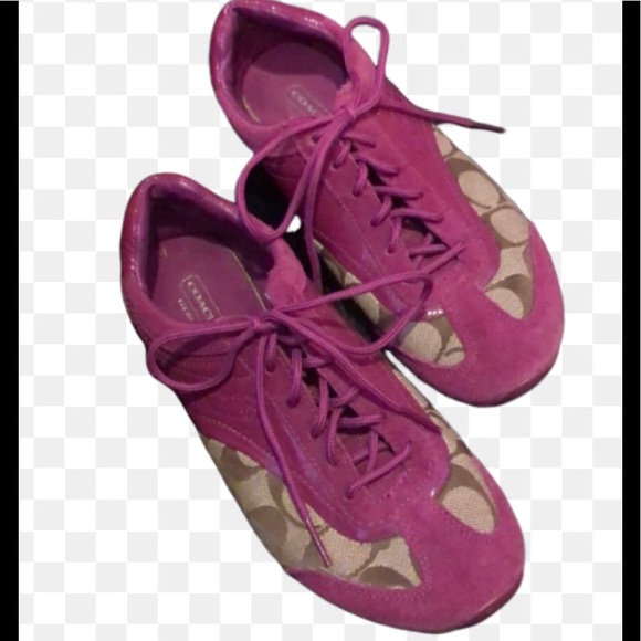 Coach Shoes - Coach fuschia suede & canvas logo Kodie sneakers